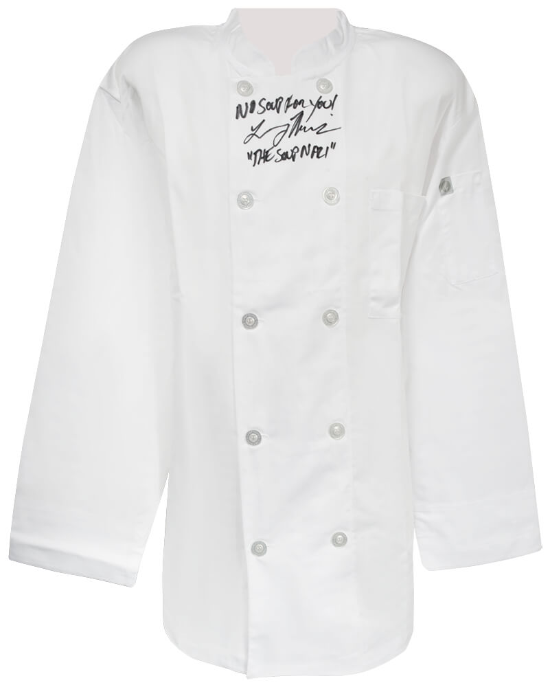 Larry Thomas Autographed Chef Works White Chef Jacket with The Soup Nazi, No Soup For You-Powers Sports Memorabilia