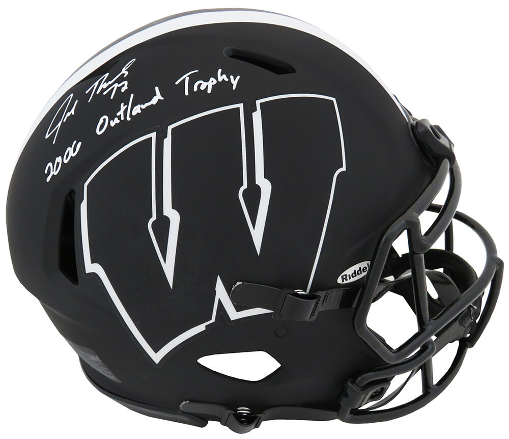 Joe Thomas Autographed Wisconsin Badgers Eclipse Riddell ProLine Speed Full Size Helmet with 2006 Outland Trophy-Powers Sports Memorabilia