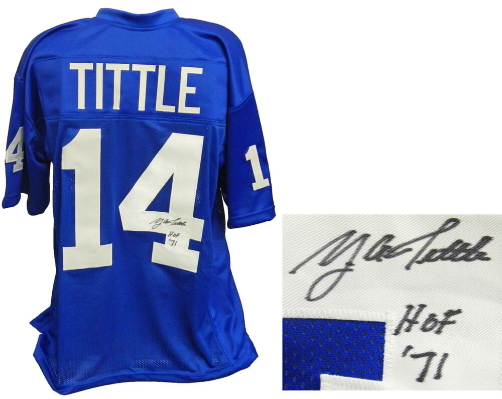 Y.A. Tittle Autographed Blue Custom Football Jersey w/ HOF 71-Powers Sports Memorabilia