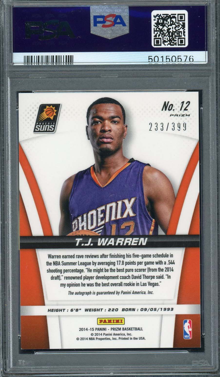 TJ Warren 2014 Panini Prizm Rookie Autographs Card #12 Graded PSA 9 /399-Powers Sports Memorabilia