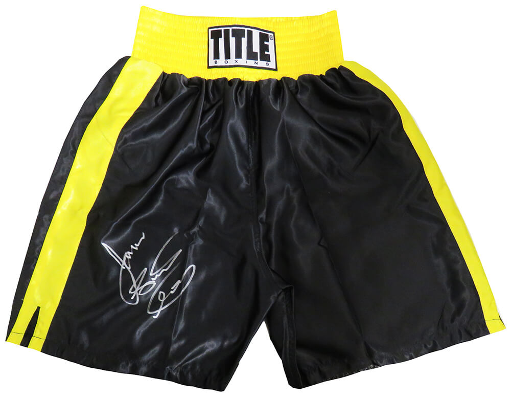 James Toney Autographed Title Black With Gold Trim Boxing Trunks with Lights Out-Powers Sports Memorabilia