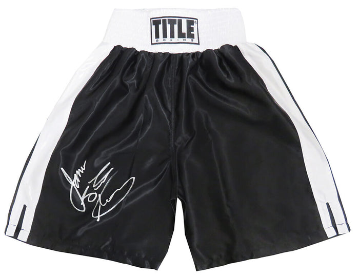 James Toney Autographed Title Black With White Trim Boxing Trunks-Powers Sports Memorabilia