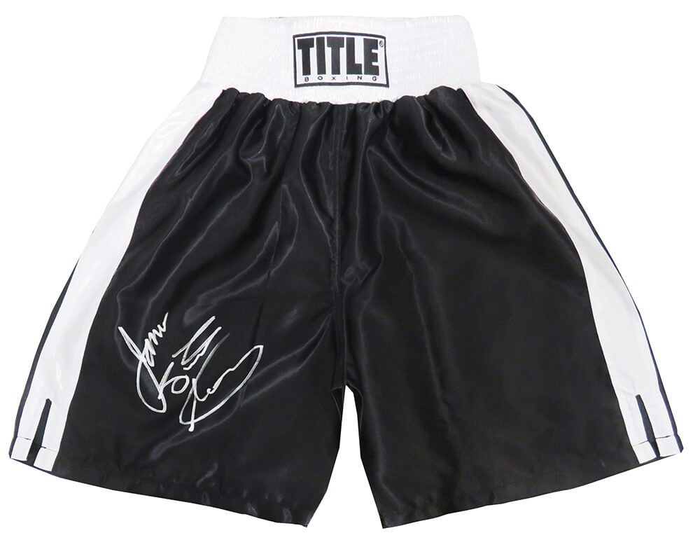 James Toney Autographed Title Black With White Trim Boxing Trunks-Powers Sports Memorabilia