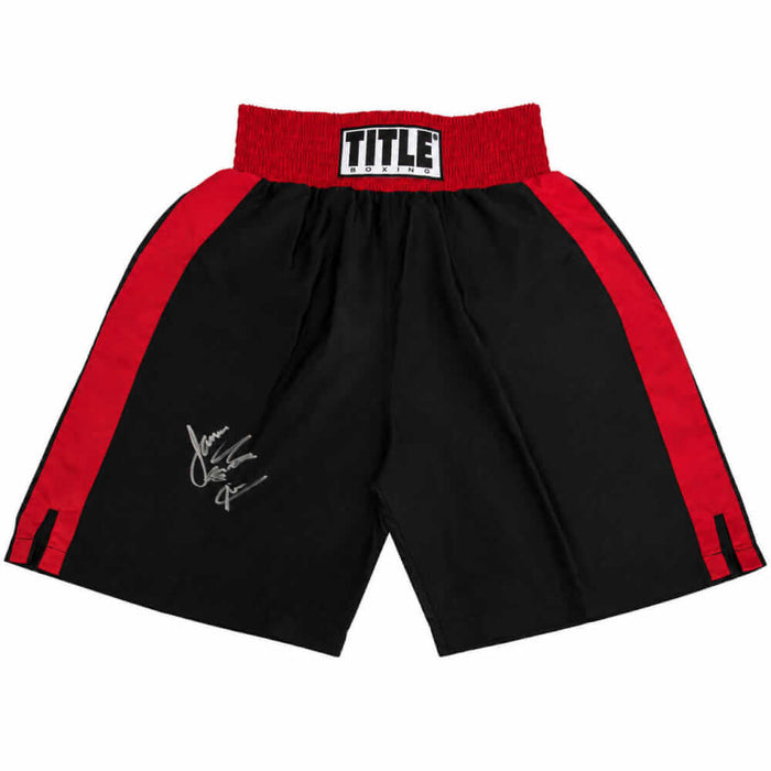 James Toney Autographed Title Black With Red Trim Boxing Trunks with Lights Out-Powers Sports Memorabilia
