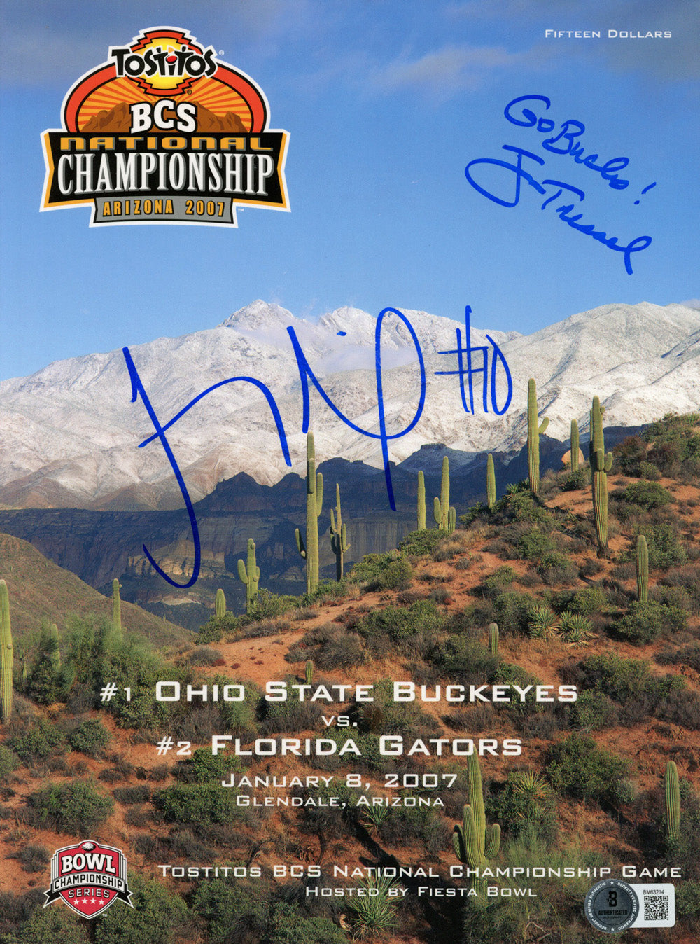 Jim Tressel & Troy Smith Ohio State Buckeyes Signed Mini Helmet - 2007 Natl Championship Program Beckett-Powers Sports Memorabilia