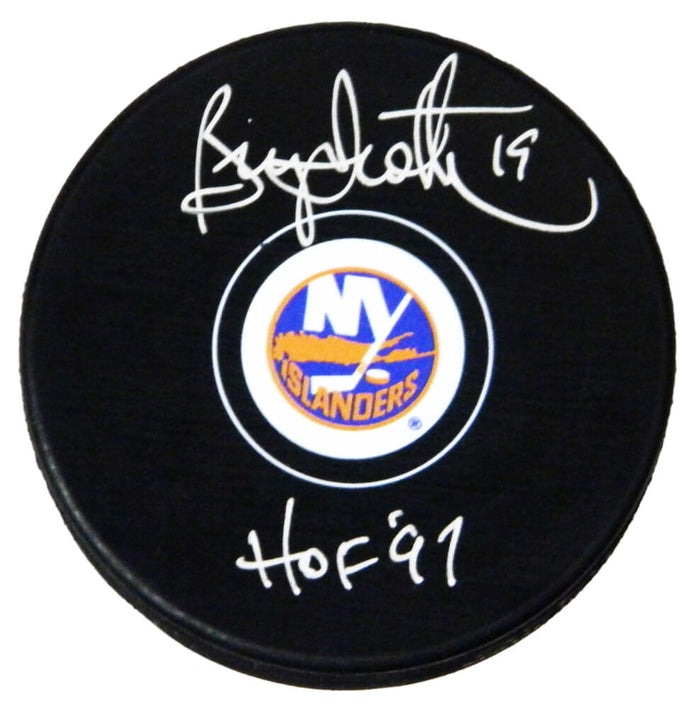 Bryan Trottier Autographed New York Islanders Logo Hockey Puck with HOF'97-Powers Sports Memorabilia
