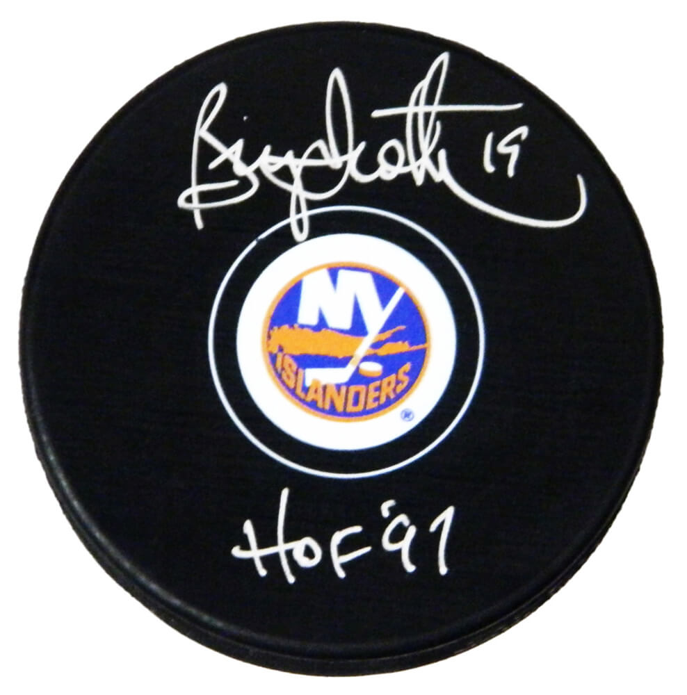 Bryan Trottier Autographed New York Islanders Logo Hockey Puck with HOF'97-Powers Sports Memorabilia