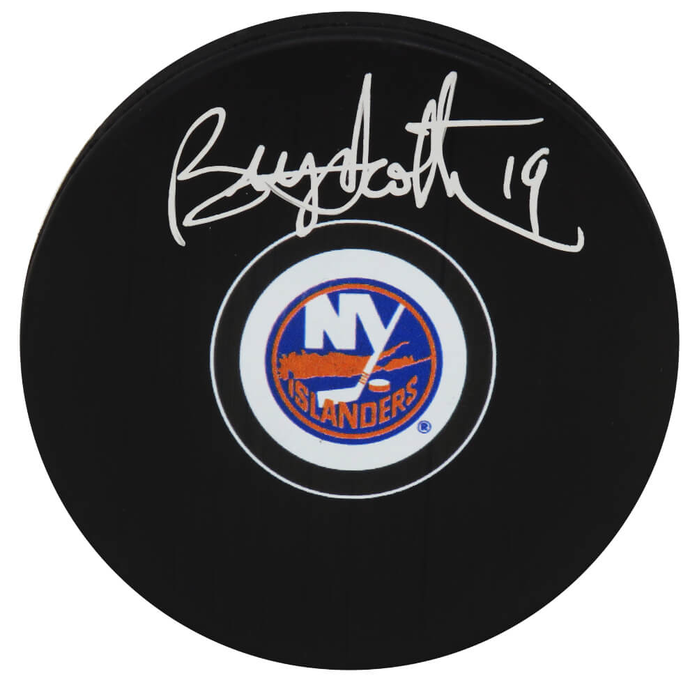 Bryan Trottier New York Islanders Autographed Logo Hockey Puck-Powers Sports Memorabilia