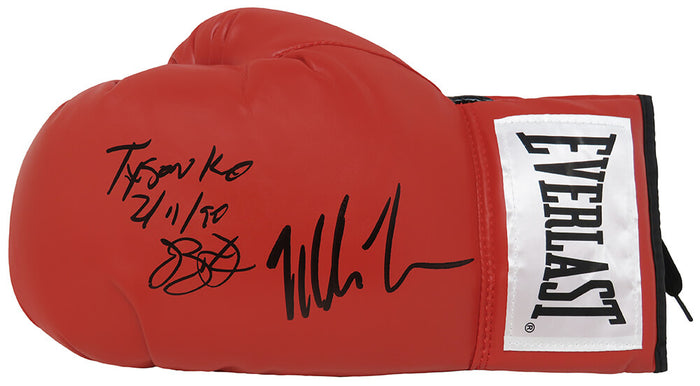 Mike Tyson & James Buster Douglas Dual Autographed Red Everlast Boxing Glove with Tyson KO 2-11-90-Powers Sports Memorabilia