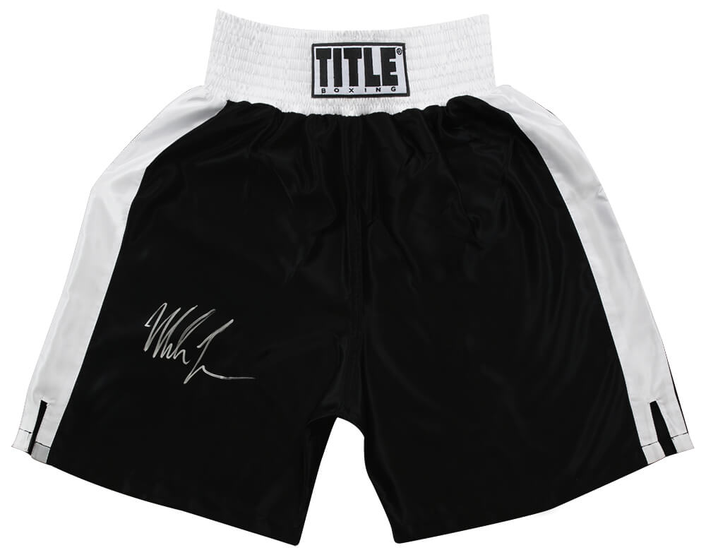 Mike Tyson Autographed Title Black With White Trim Boxing Trunks-Powers Sports Memorabilia