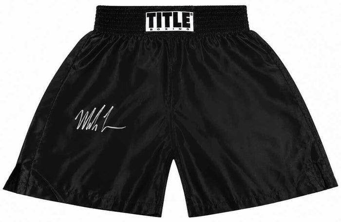 Mike Tyson Autographed Title Black Boxing Trunks-Powers Sports Memorabilia