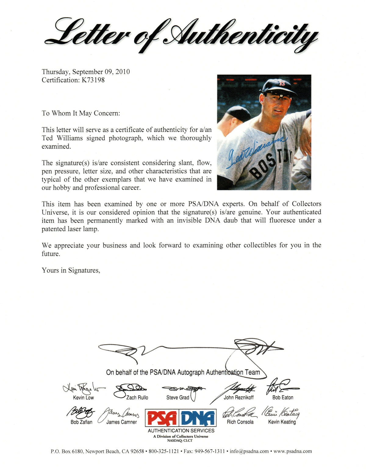 Ted Williams Autographed Boston Red Sox 16x20 Photo PSA/DNA Authenticated PSA K73198-Powers Sports Memorabilia