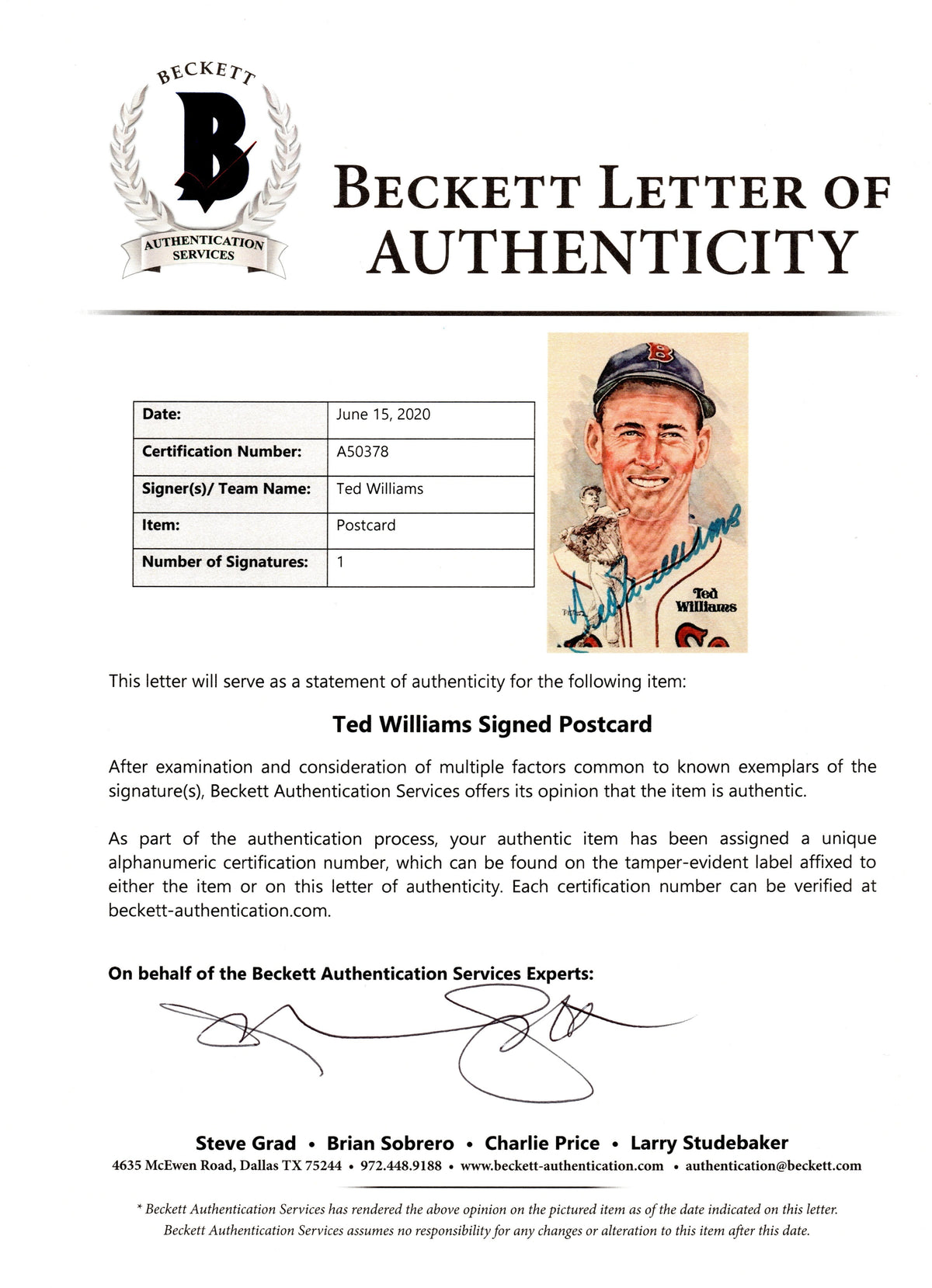 Ted Williams Autographed Boston Red Sox Perez Steele Postcard Beckett Authenticated-Powers Sports Memorabilia