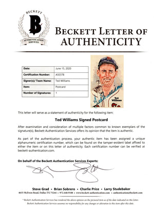Ted Williams Autographed Boston Red Sox Perez Steele Postcard Beckett Authenticated-Powers Sports Memorabilia