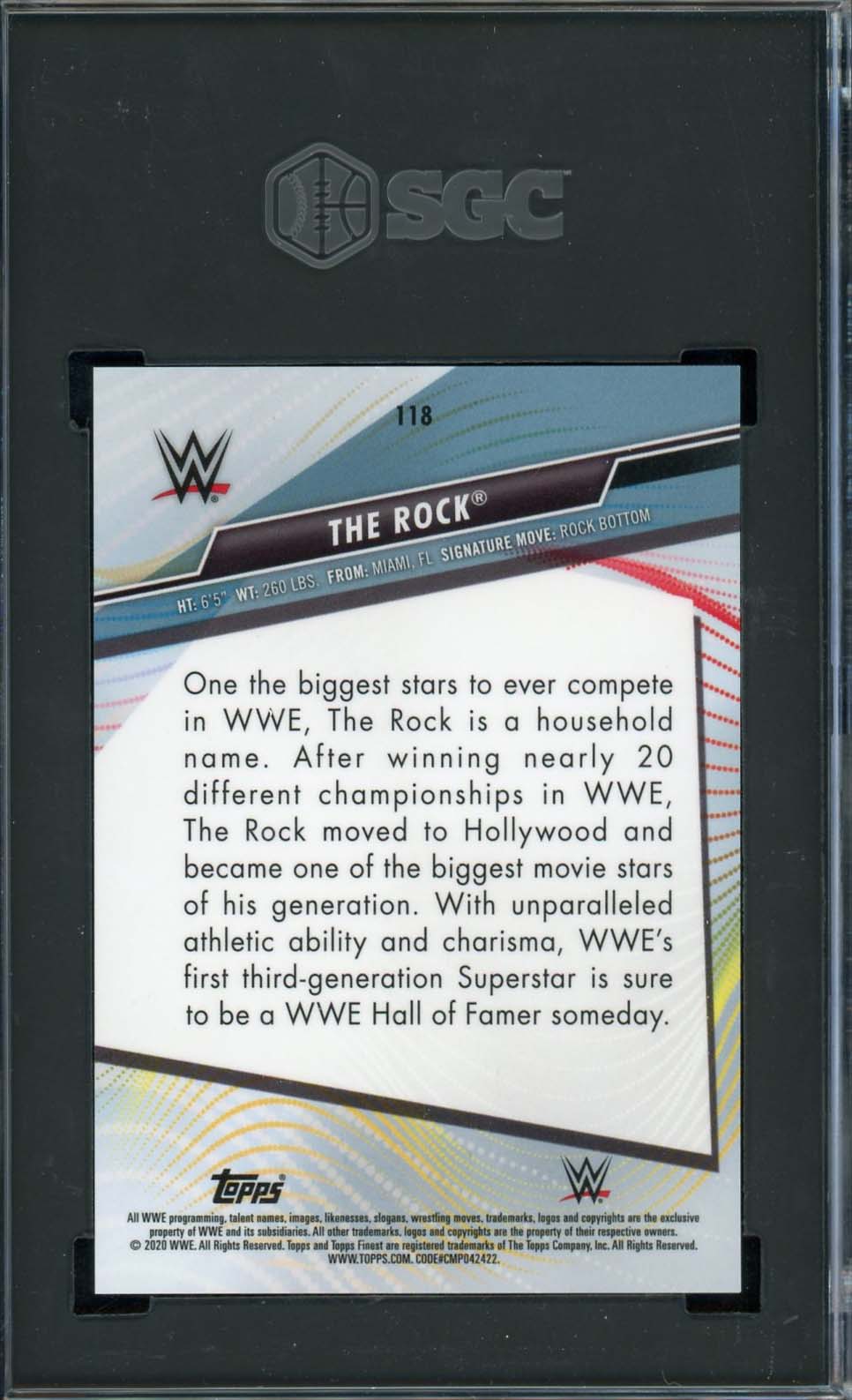 The Rock - Dwayne Johnson 2020 Topps Finest WWE Wrestling Card #118 Graded SGC 10-Powers Sports Memorabilia