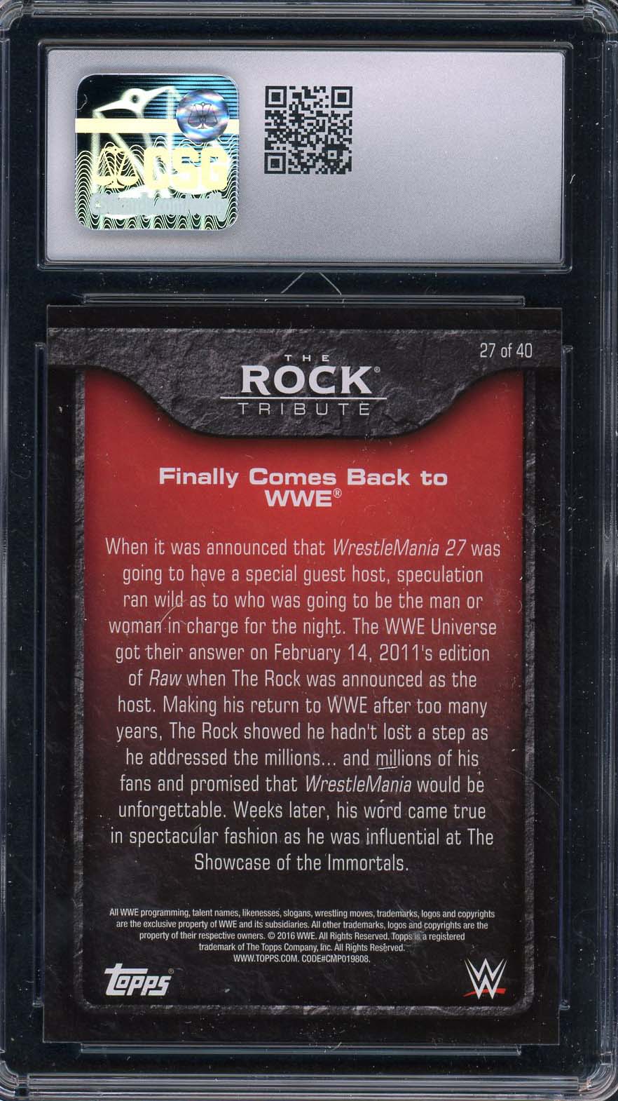 The Rock Dwayne Johnson 2016 Topps WWE Return Wrestling Card #27 Graded CSG 10