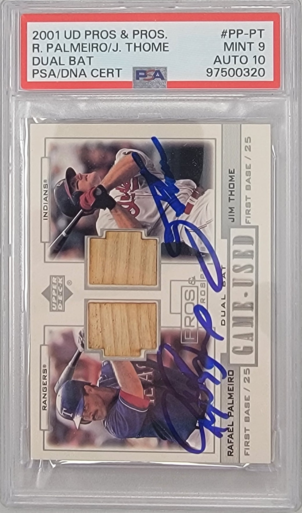 Jim Thome Rafael Palmeiro Signed Indians Rangers 2001 Upper Deck Game Used Bat Card PSA 97500320-Powers Sports Memorabilia
