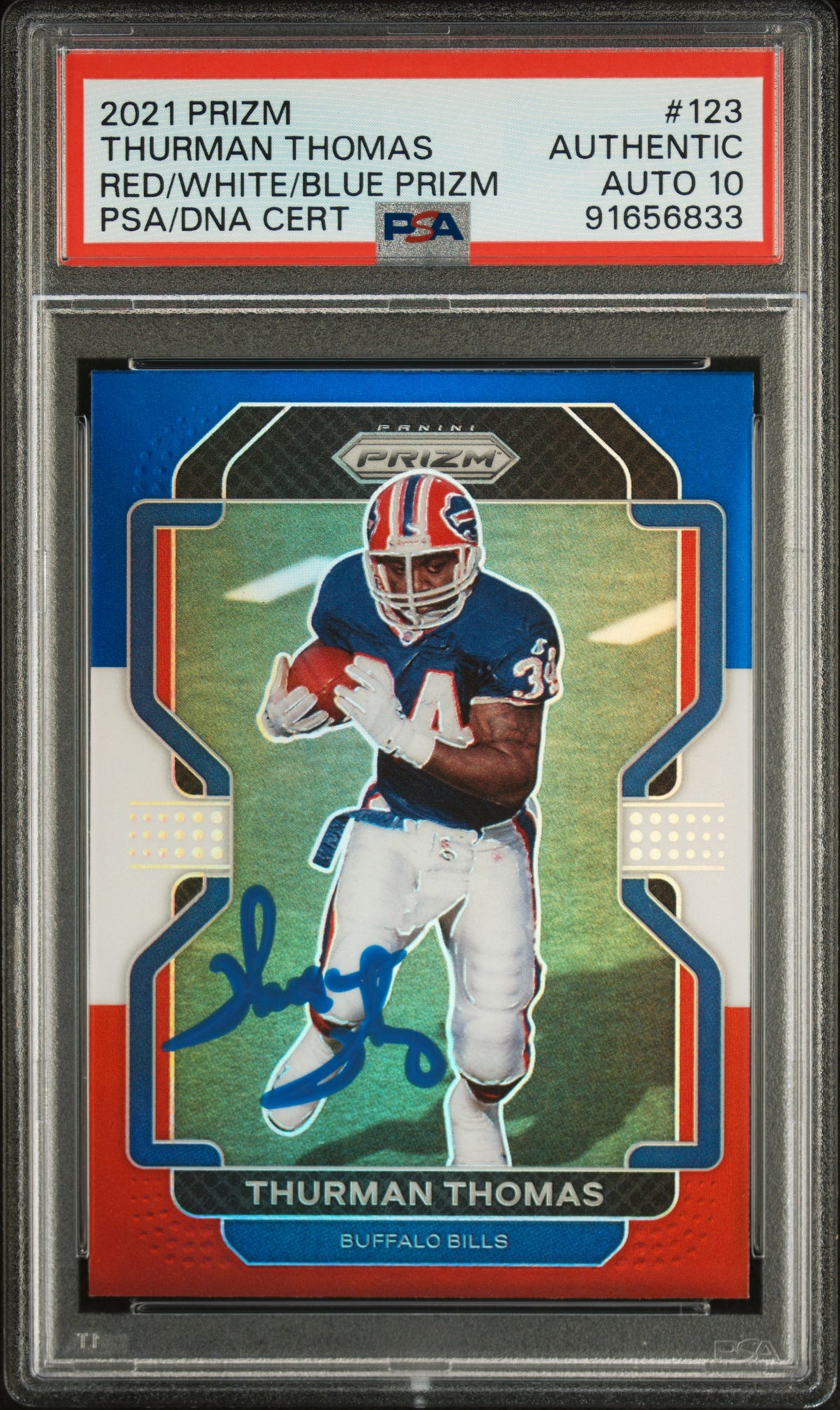 Thurman Thomas 2021 Panini Prizm Red White Blue Signed Card #123 Auto PSA 10-Powers Sports Memorabilia