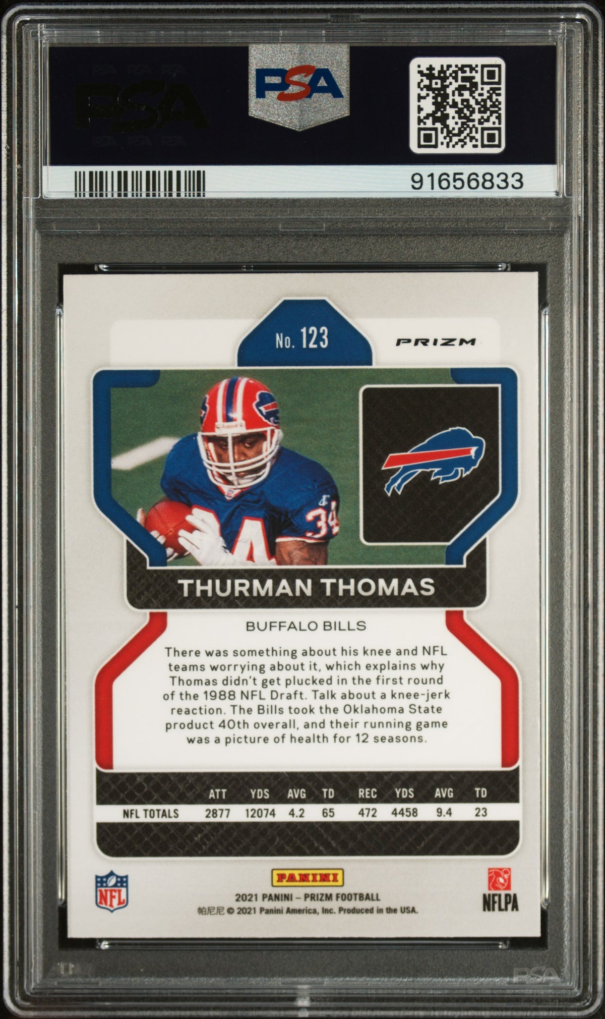 Thurman Thomas 2021 Panini Prizm Red White Blue Signed Card #123 Auto PSA 10-Powers Sports Memorabilia