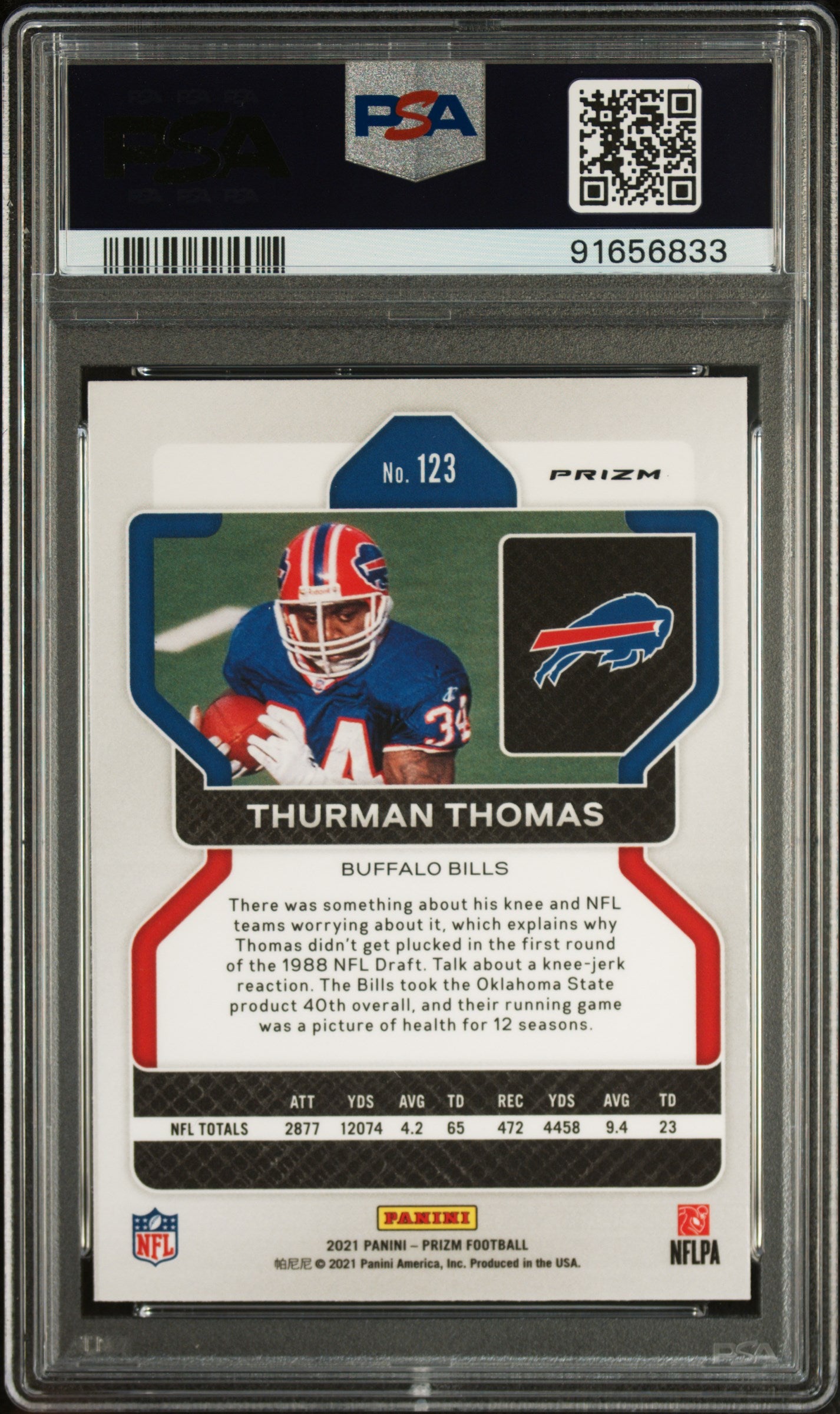Thurman Thomas 2021 Panini Prizm Red White Blue Signed Card #123 Auto PSA 10-Powers Sports Memorabilia