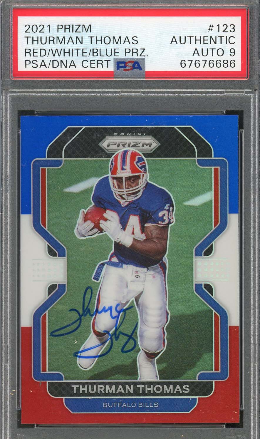 Thurman Thomas 2021 Panini Red White Blue Prizm Signed Card #123 Auto PSA 9-Powers Sports Memorabilia