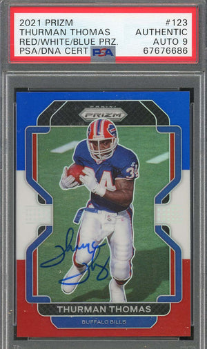 Thurman Thomas 2021 Panini Red White Blue Prizm Signed Card #123 Auto PSA 9-Powers Sports Memorabilia