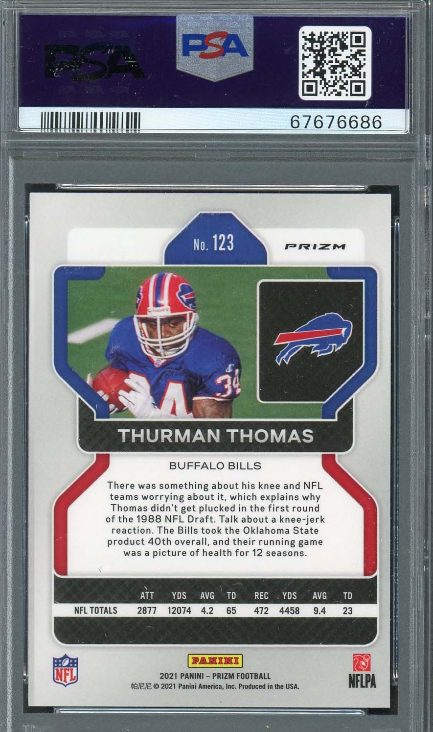 Thurman Thomas 2021 Panini Red White Blue Prizm Signed Card #123 Auto PSA 9-Powers Sports Memorabilia