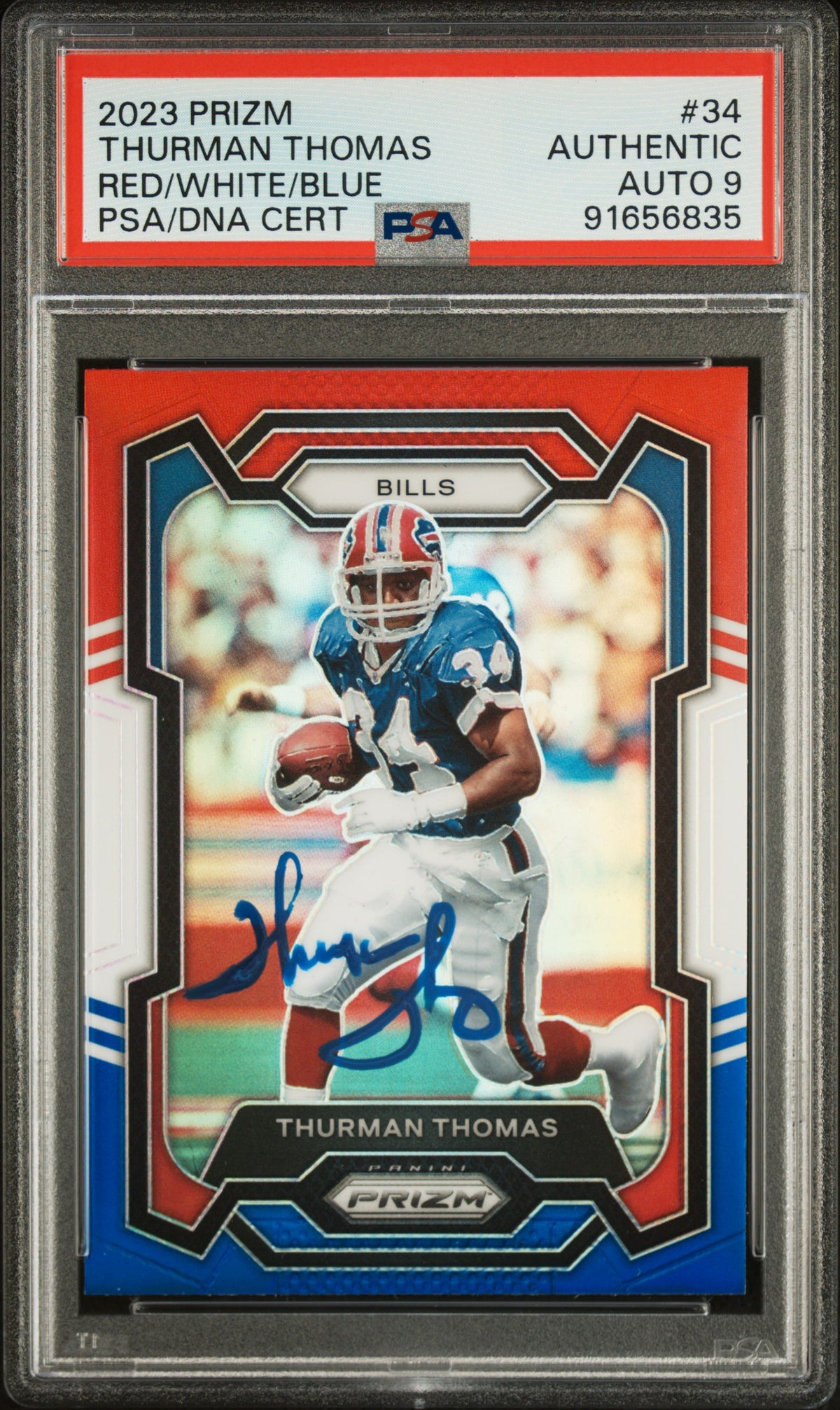 Thurman Thomas 2023 Panini Prizm Red White Blue Signed Card #34 Auto PSA 9-Powers Sports Memorabilia