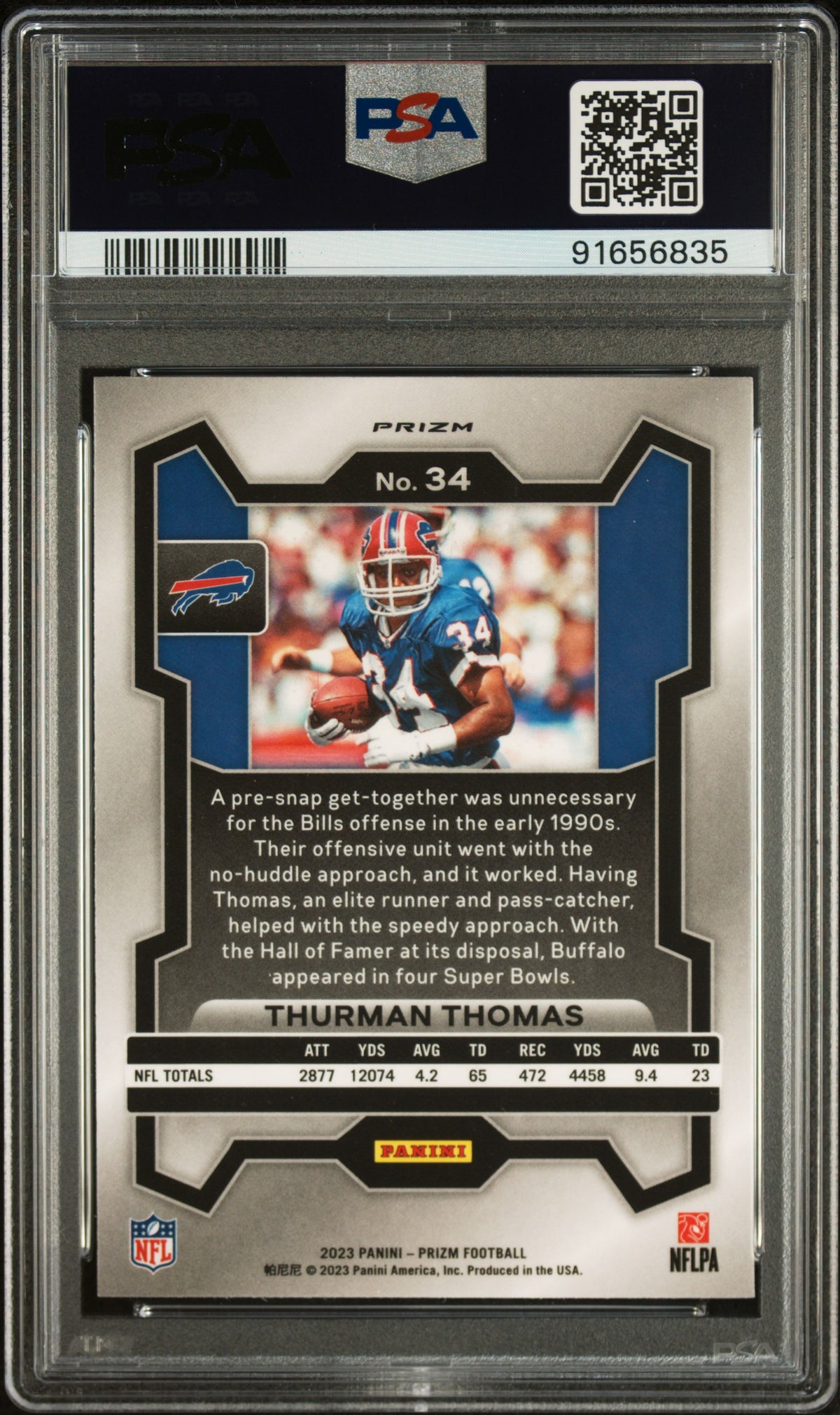 Thurman Thomas 2023 Panini Prizm Red White Blue Signed Card #34 Auto PSA 9-Powers Sports Memorabilia