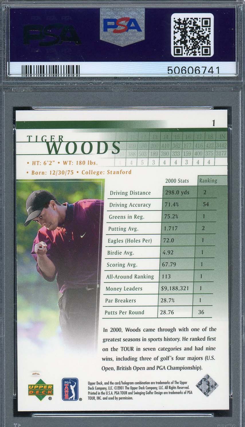 Tiger Woods 2001 Upper Deck Golf Rookie Card RC #1 Graded PSA 9-Powers Sports Memorabilia