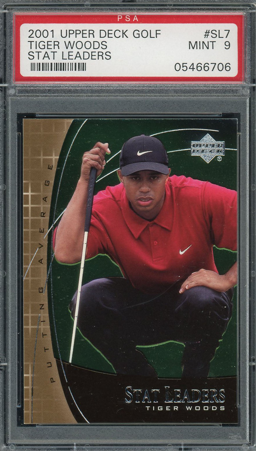 Tiger Woods 2001 Upper Deck Stat Leaders Golf Card #SL7 Graded PSA 9 MINT-Powers Sports Memorabilia