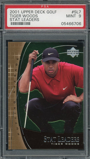 Tiger Woods 2001 Upper Deck Stat Leaders Golf Card #SL7 Graded PSA 9 MINT-Powers Sports Memorabilia
