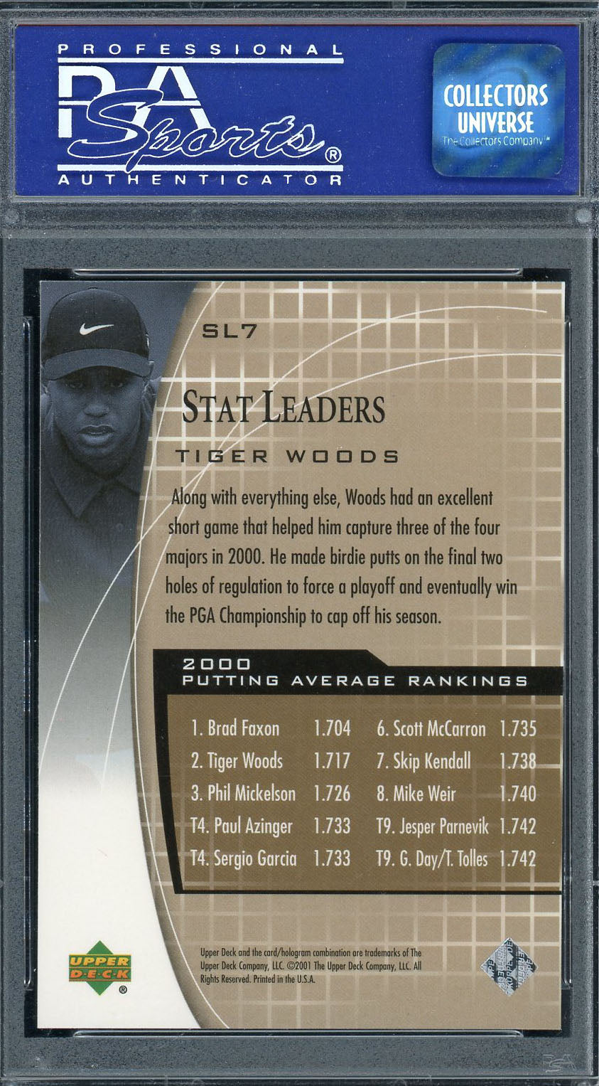 Tiger Woods 2001 Upper Deck Stat Leaders Golf Card #SL7 Graded PSA 9 MINT-Powers Sports Memorabilia