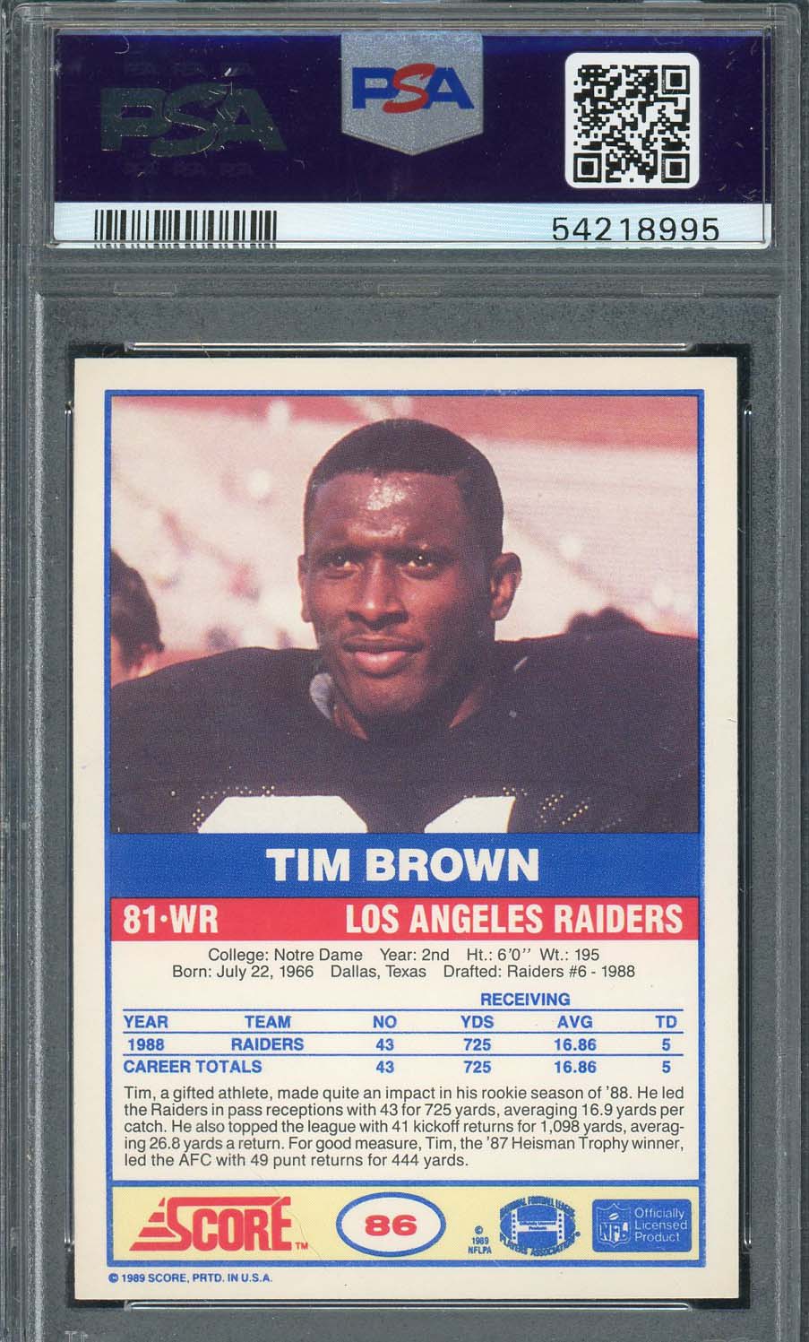 Tim Brown 1989 Score Football Rookie Card RC #86 Graded PSA 8-Powers Sports Memorabilia