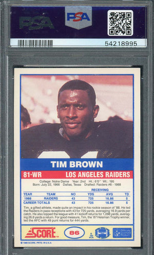 Tim Brown 1989 Score Football Rookie Card RC #86 Graded PSA 8-Powers Sports Memorabilia