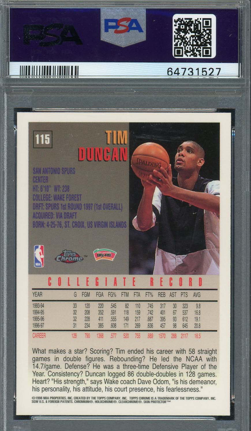 Tim Duncan 1997 Topps Chrome Basketball Rookie Card RC #115 Graded PSA 8-Powers Sports Memorabilia