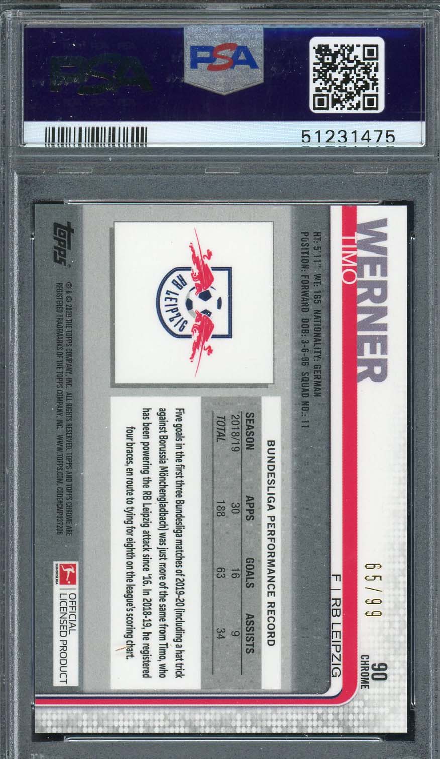 Timo Werner 2019 Topps Chrome Bundesliga Green Refractor Card #90 PSA 10 /99-Powers Sports Memorabilia