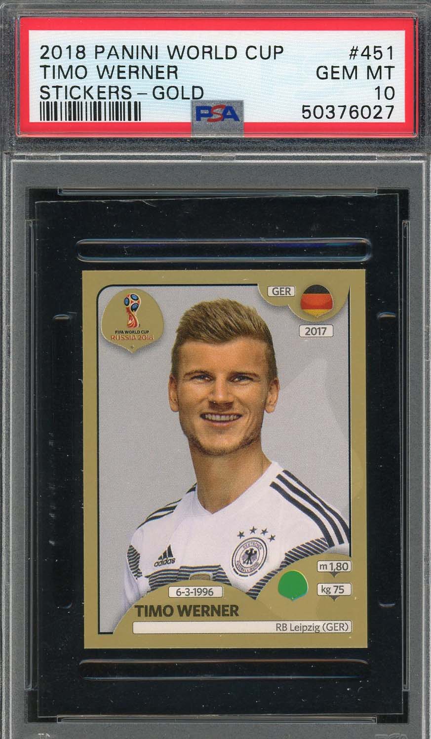 Timo Werner 2018 Panini World Cup Gold Stickers Card #451 PSA 10-Powers Sports Memorabilia