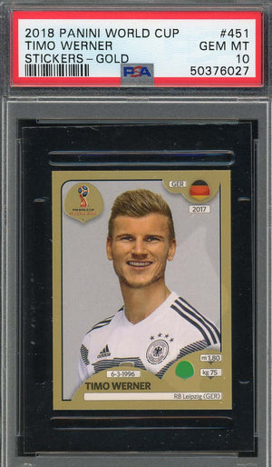 Timo Werner 2018 Panini World Cup Gold Stickers Card #451 PSA 10-Powers Sports Memorabilia