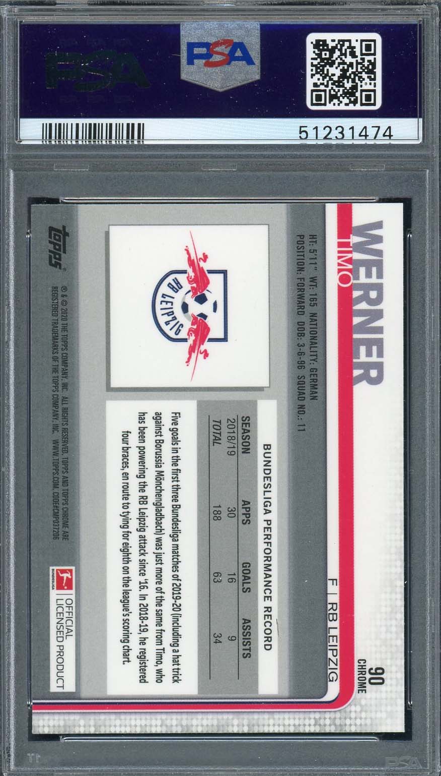 Timo Werner 2019 Topps Chrome Bundesliga Card #90 PSA 10-Powers Sports Memorabilia