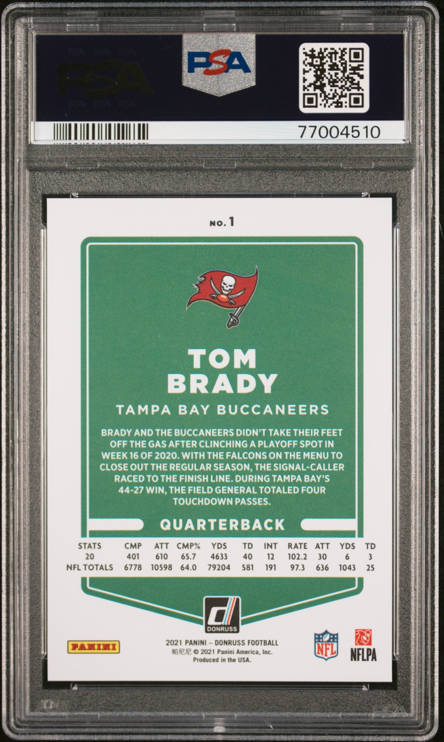 Tom Brady 2021 Panini Donruss Press Proof Premium Football Card #1 Graded PSA 10-Powers Sports Memorabilia