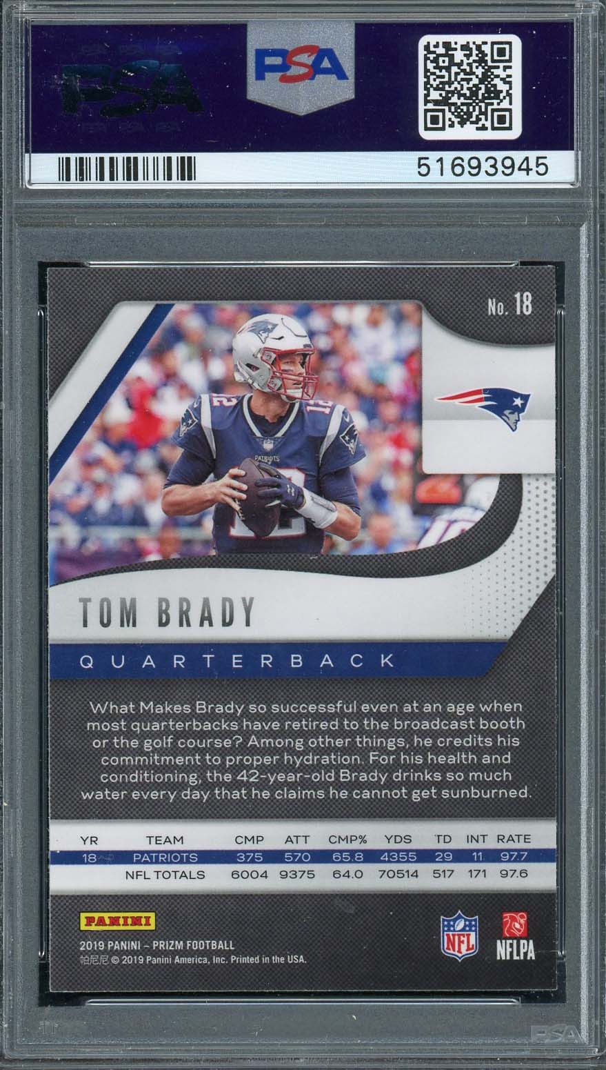 Tom Brady 2019 Panini Prizm Football Card #18 Graded PSA 9 MINT-Powers Sports Memorabilia