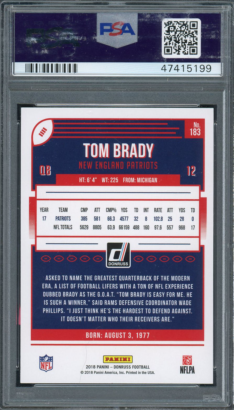 Tom Brady 2018 Panini Donruss Football Card #183 Graded PSA 10 GEM MINT-Powers Sports Memorabilia