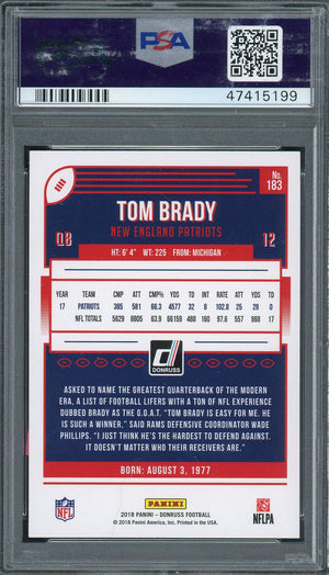 Tom Brady 2018 Panini Donruss Football Card #183 Graded PSA 10 GEM MINT-Powers Sports Memorabilia