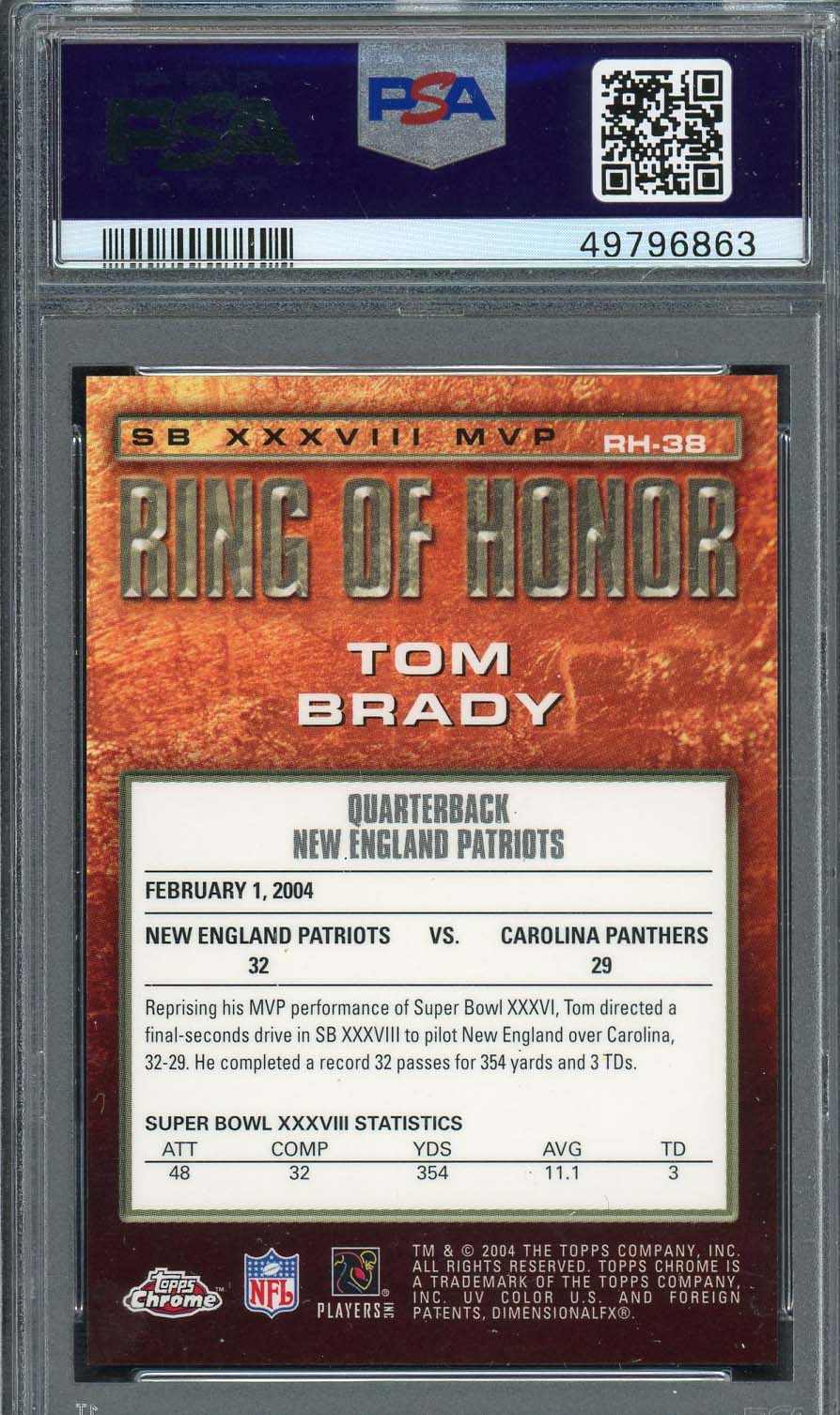 Tom Brady 2004 Topps Chrome Ring Of Honor Football Card #RH-38 PSA 8-Powers Sports Memorabilia