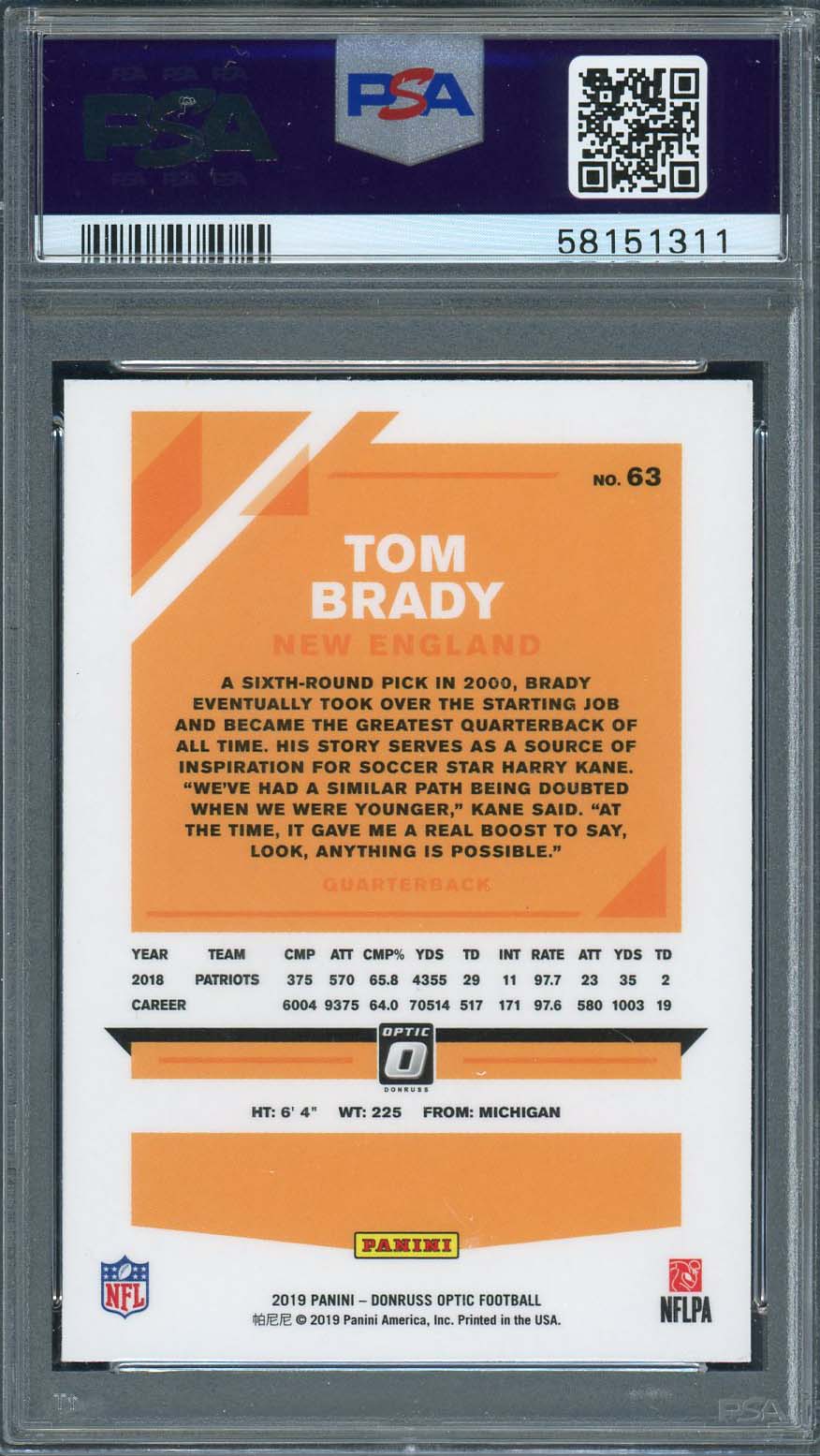 Tom Brady 2019 Panini Donruss Optic Football Card #63 Graded PSA 10-Powers Sports Memorabilia