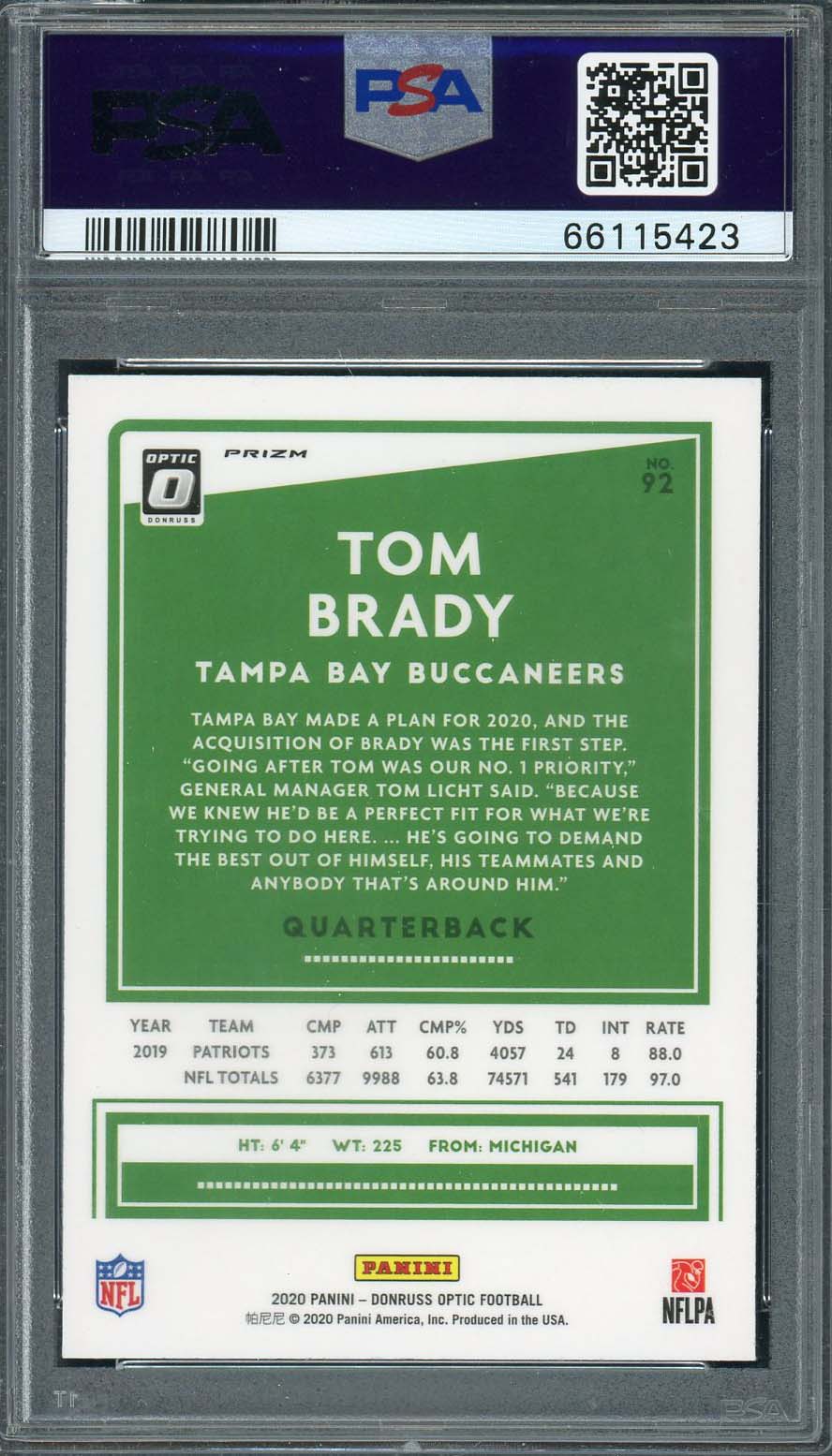 Tom Brady 2020 Panini Donruss Optic Holo Football Card #92 Graded PSA 10