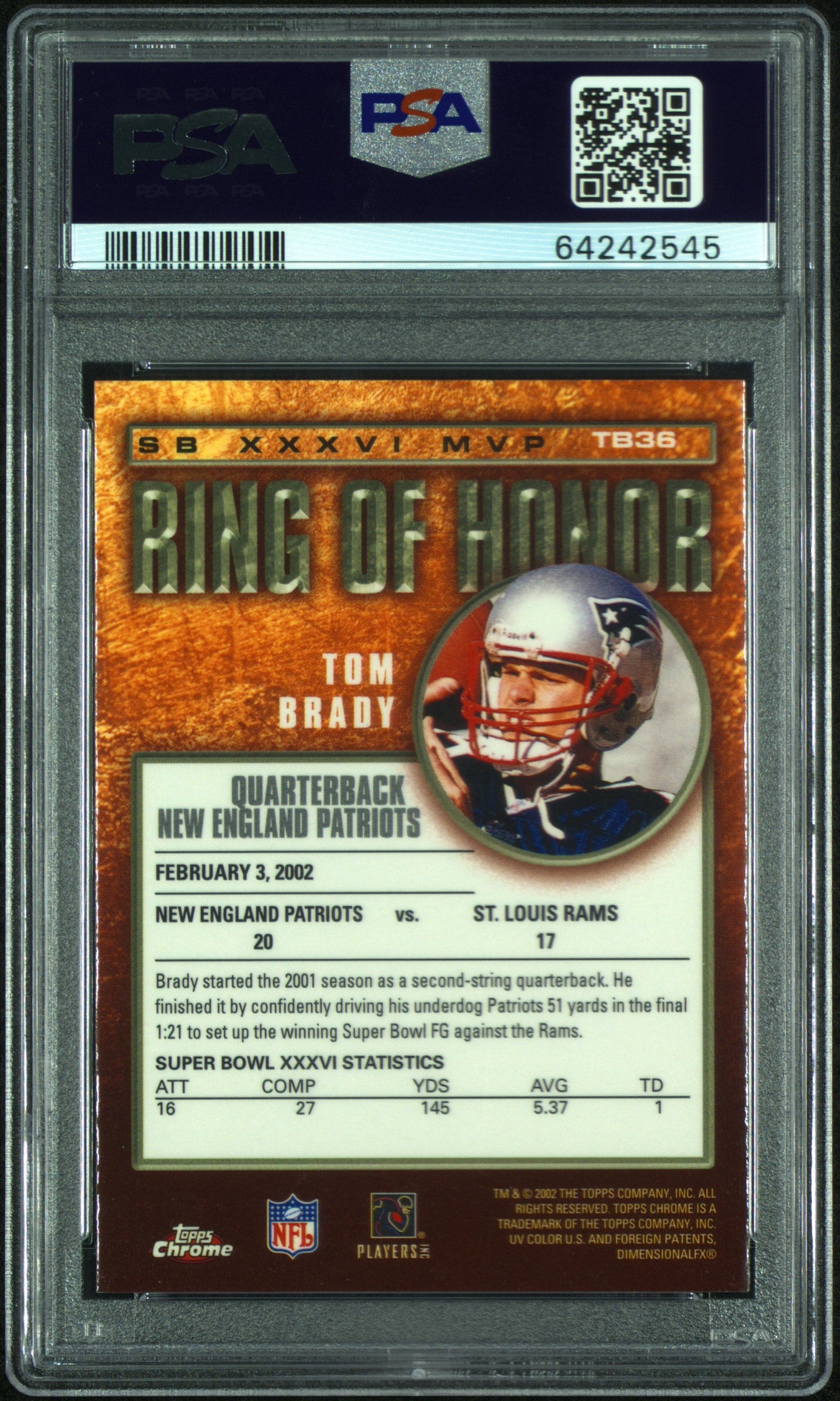Tom Brady 2002 Topps Chrome Ring of Honor Card #TB36 Graded PSA 10