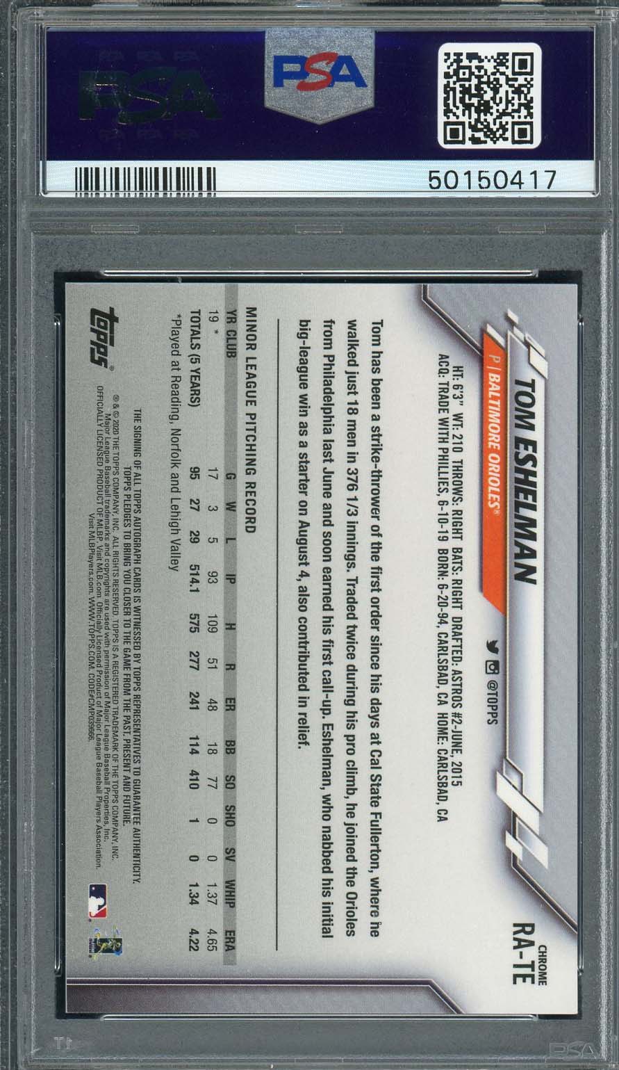 Tom Eshelman 2020 Topps Chrome Rookie Auto Baseball Card #RATE PSA 10-Powers Sports Memorabilia