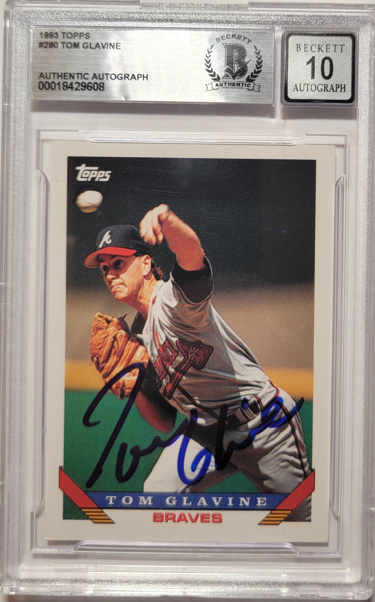 Tom Glavine Signed Atlanta Braves 1993 Topps #280 Card Beckett Graded AUTO 10-Powers Sports Memorabilia